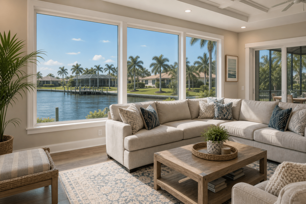 Tinted residential windows preserving a clear Florida canal view