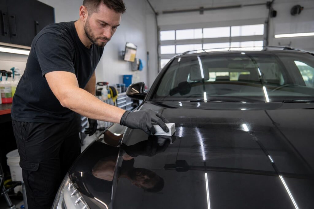 Technician applying System X MAX G+ ceramic coating to glossy automotive paint