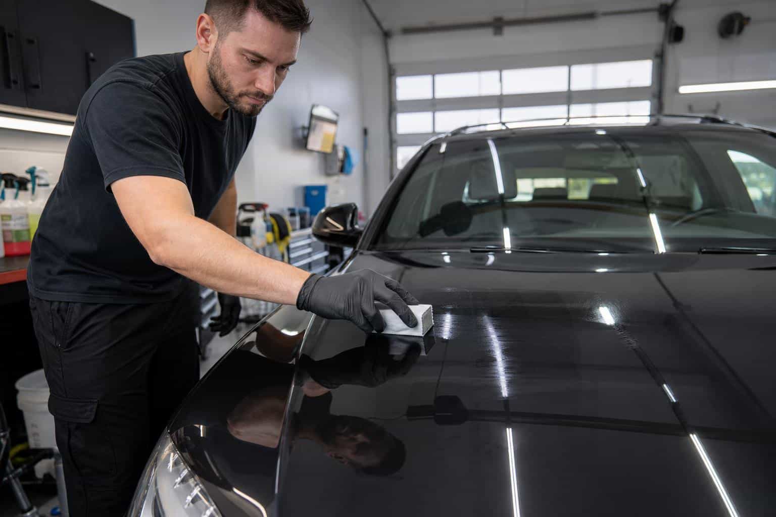 Technician applying System X MAX G+ ceramic coating to glossy automotive paint