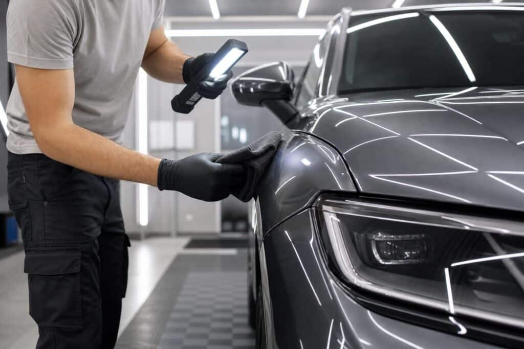 Technician inspecting automotive paint before ceramic coating service