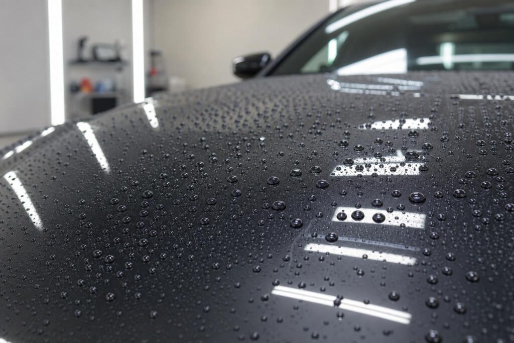 Water beading on glossy ceramic coated vehicle paint
