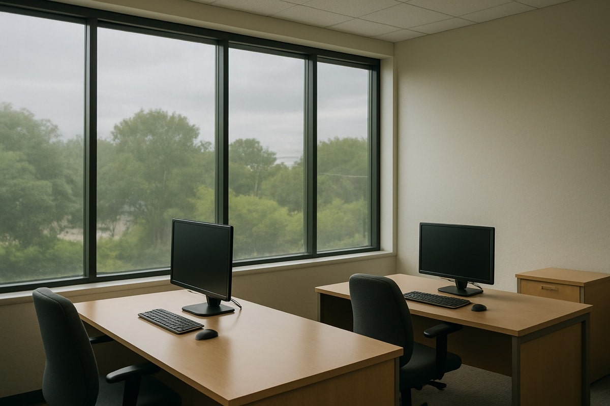 Small office with floor-to-ceiling windows tinted with commercial film to reduce glare