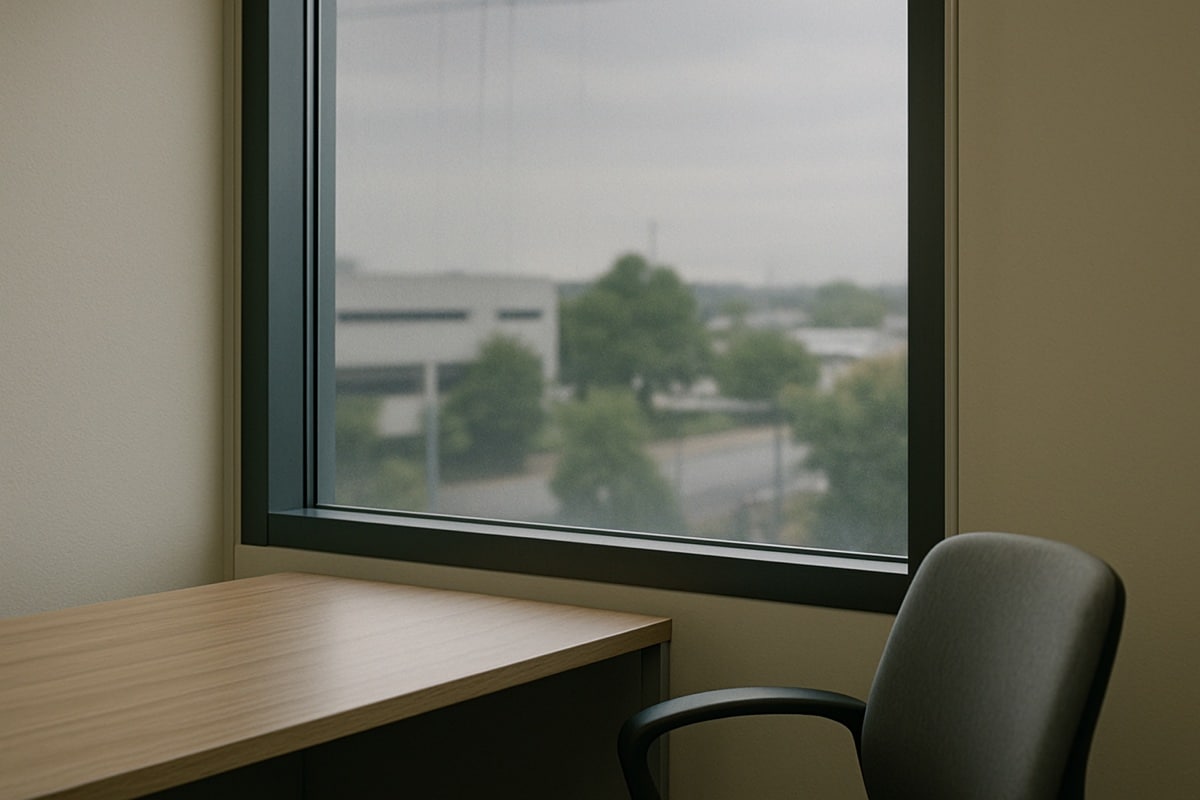 Commercial office window with solar control film controlling daylight