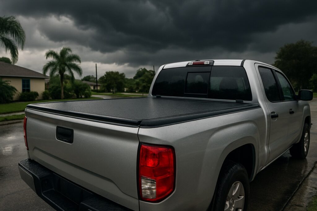 Pickup truck with a closed tonneau bed cover before a Florida rainstorm