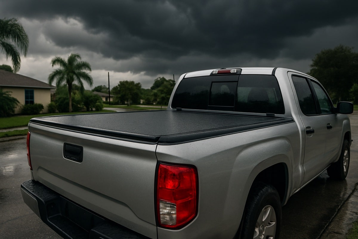 Pickup truck with a closed tonneau bed cover before a Florida rainstorm