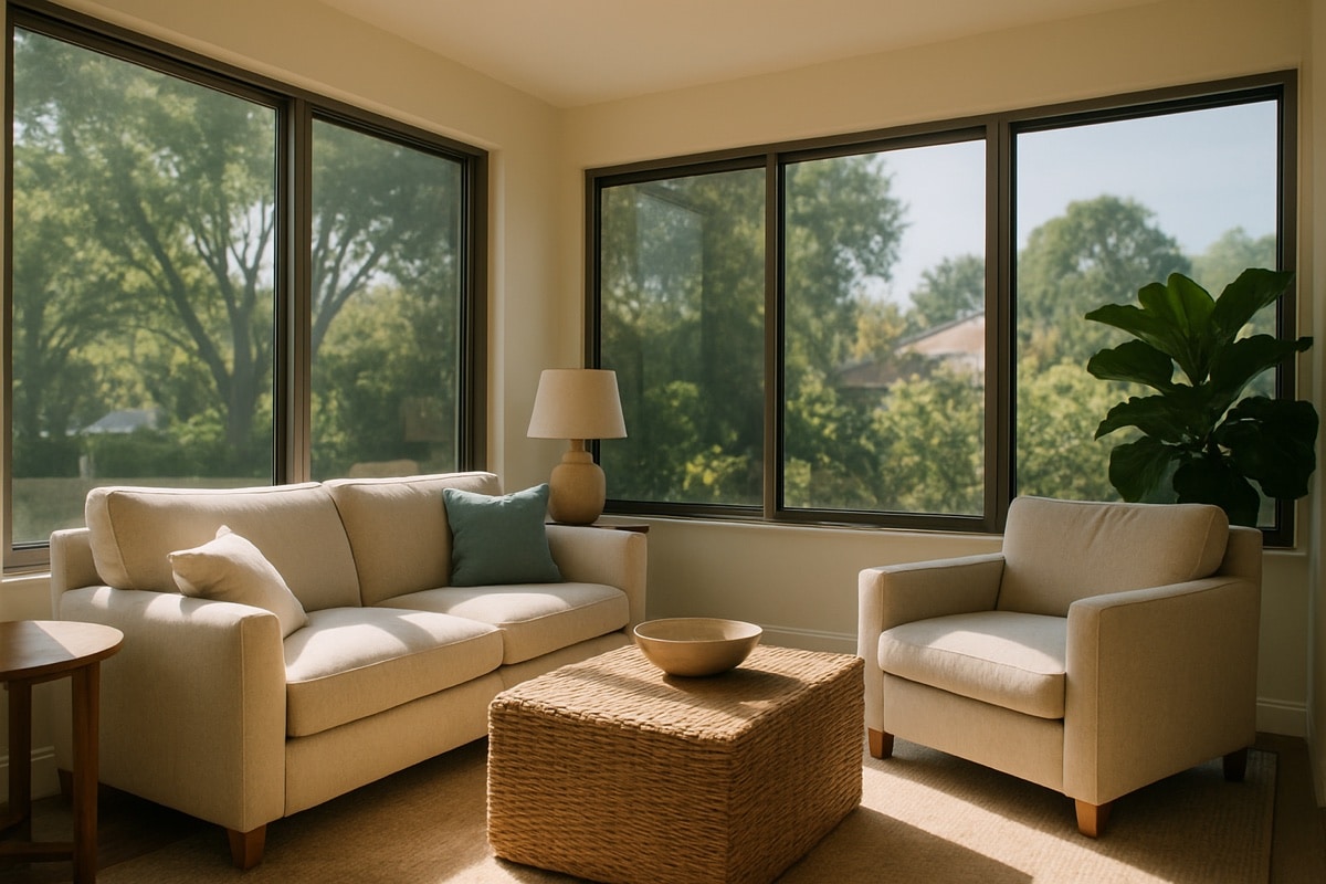 Sunlit living room with home window tinting reducing glare