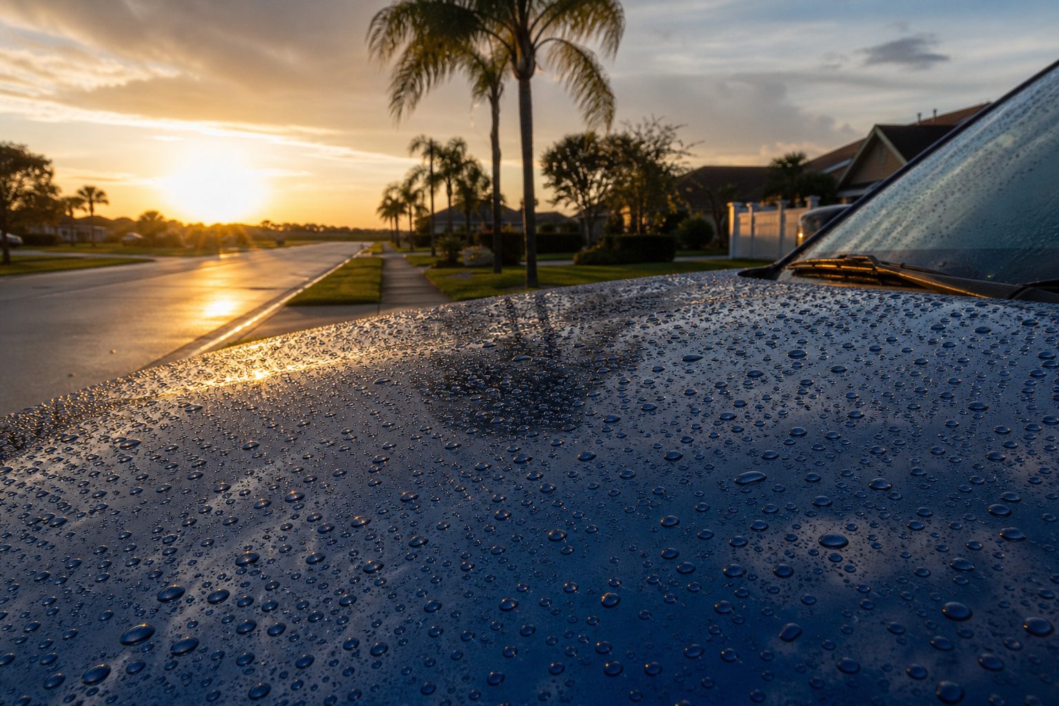 Tight water beads standing on the glossy hood of a protected car at sunset on a Florida street