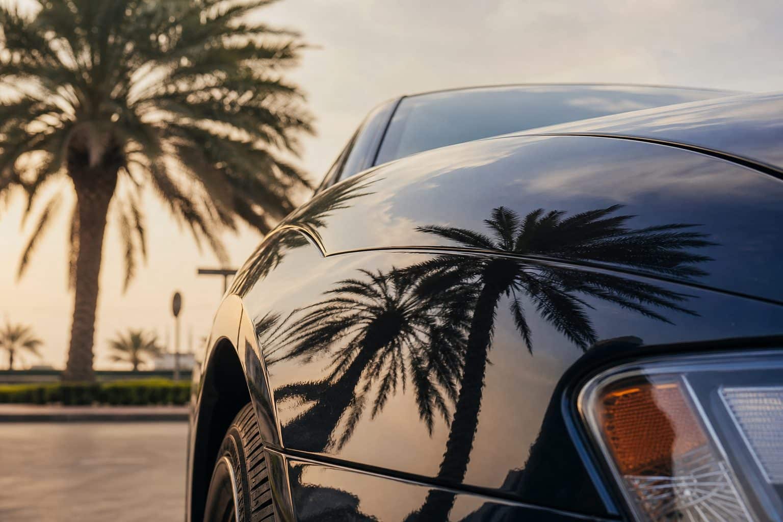 Deep glossy black car paint reflecting palm trees at sunset