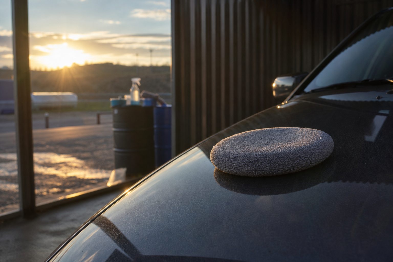 Microfiber applicator pad resting on a polished car panel