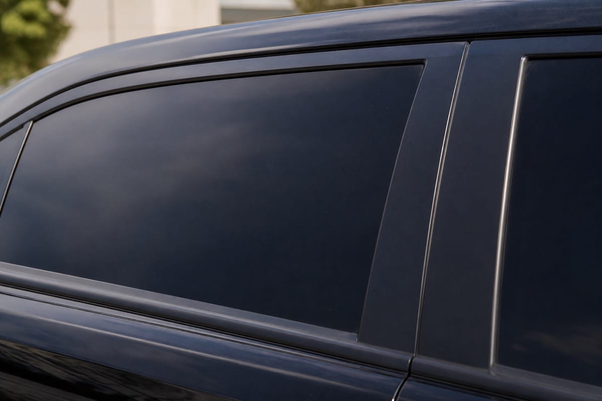 Close-up of dark window-tint film on a car side window