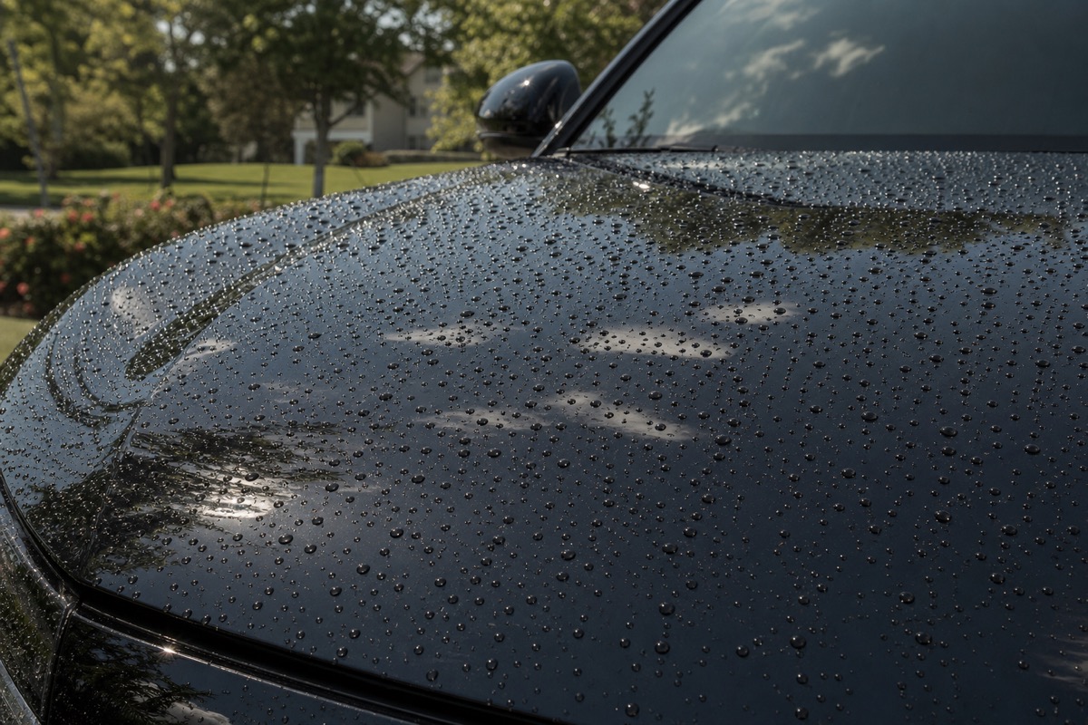 Water beading on a glossy ceramic-coated car hood