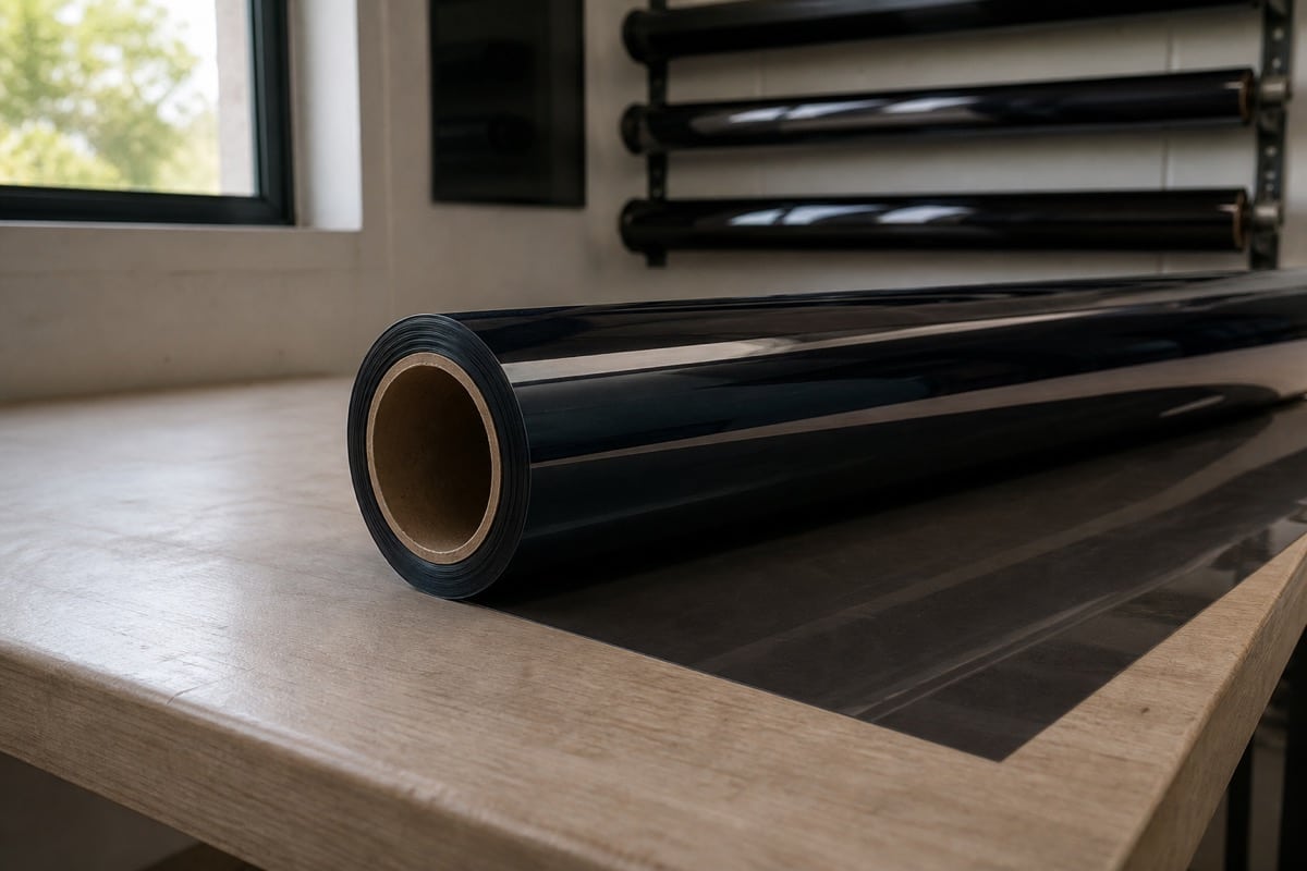 Roll of automotive window-tint film on a workbench