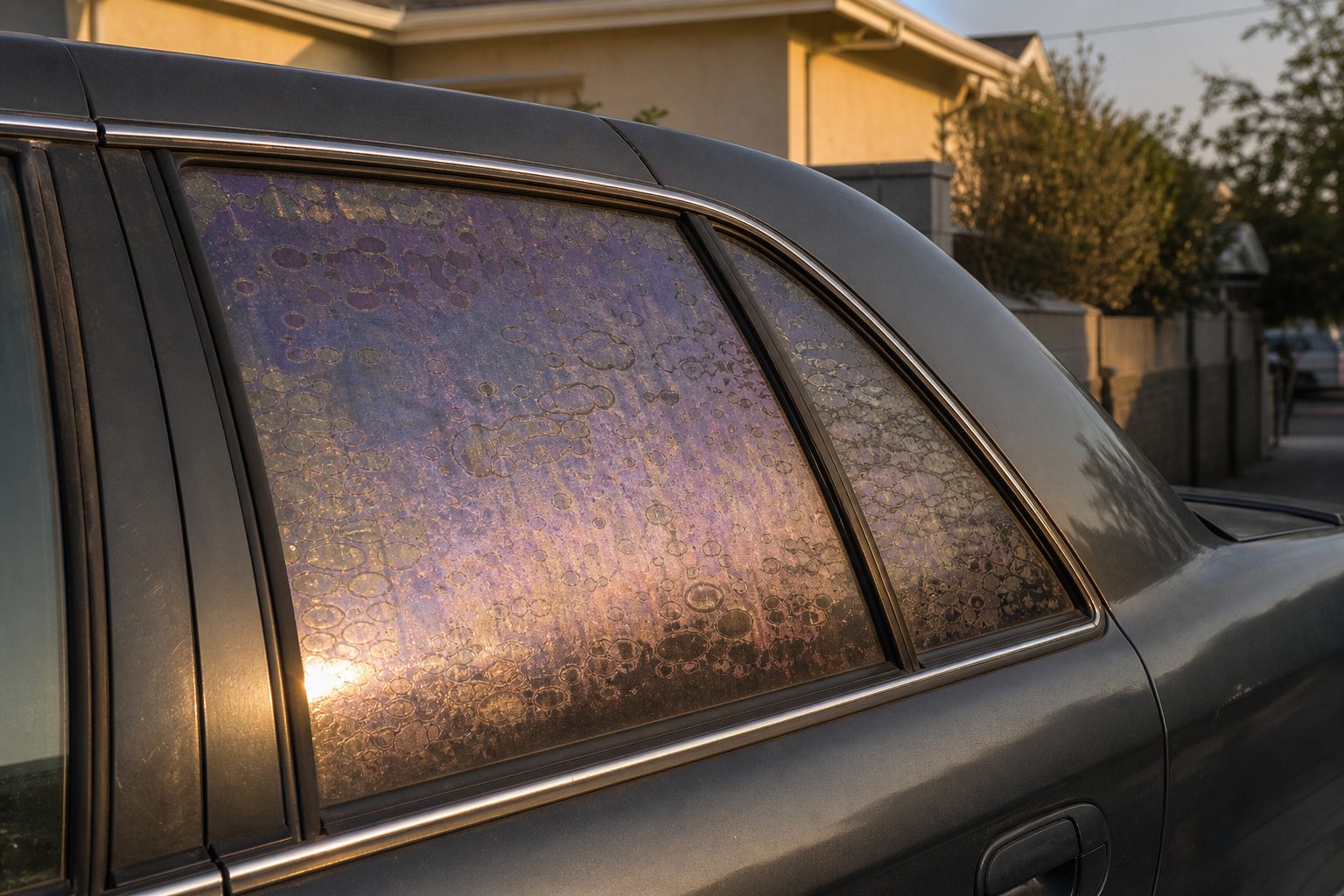 Old window tint bubbling and turning purple on a car side window