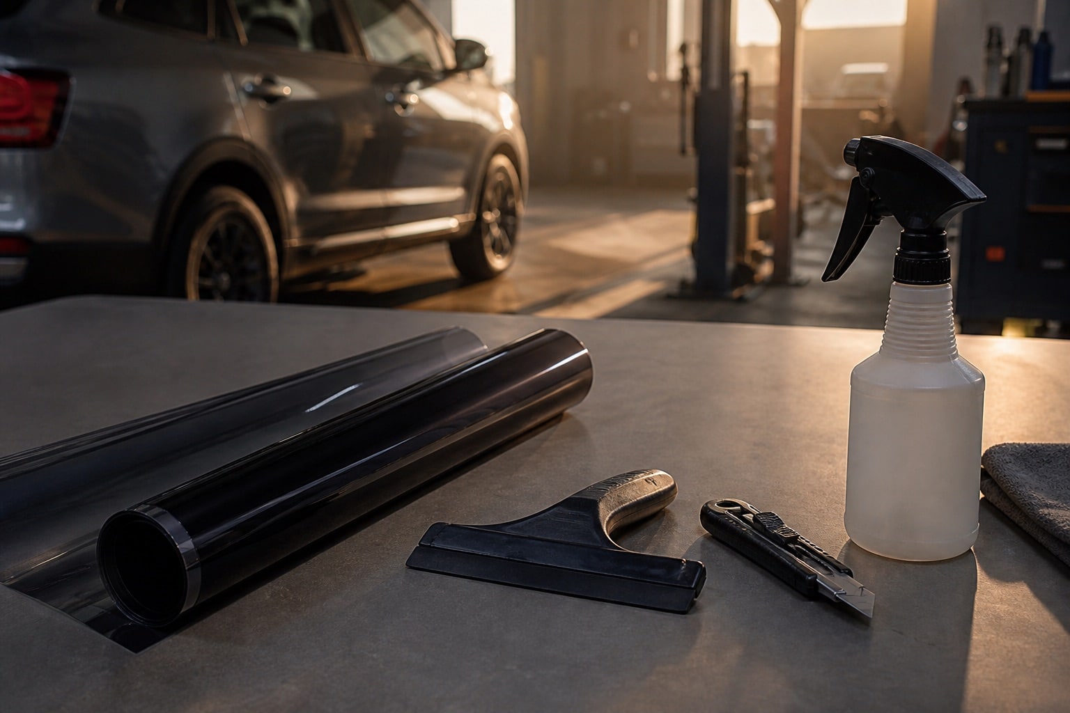 Roll of automotive window film with a squeegee, utility knife and spray bottle on a shop bench