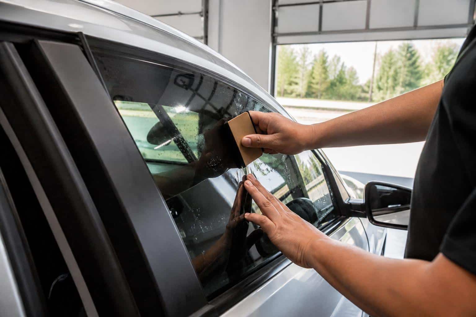Professional installer applying dark window tint film to a car door window in a Punta Gorda auto shop