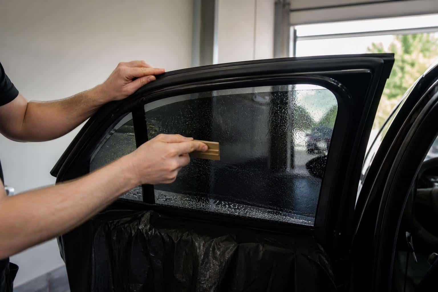 Installer squeegeeing water from freshly applied window tint film on a car window