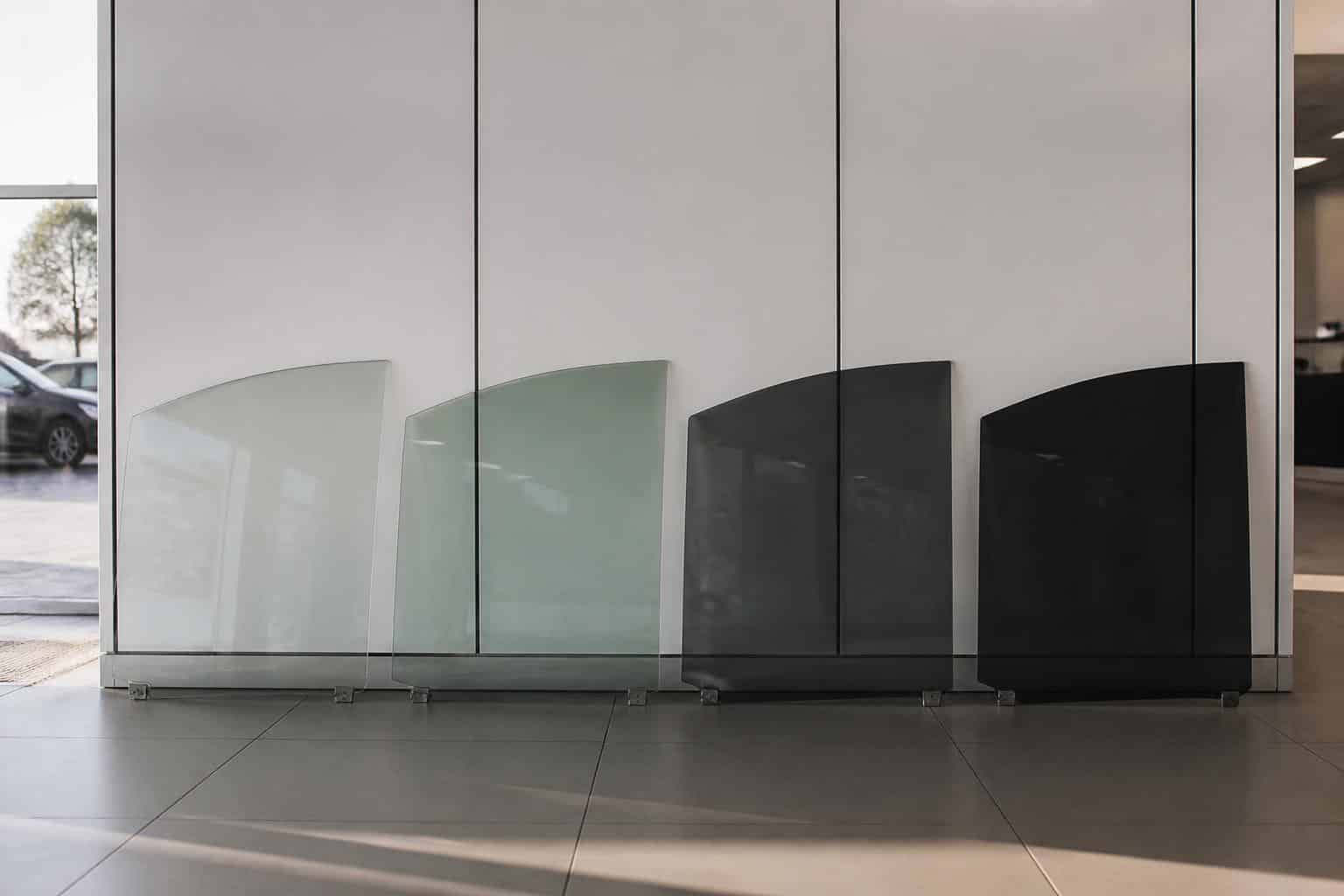 Four car window panels showing window tint shades from light to dark