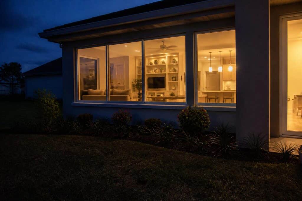 A lit home interior visible through reflective windows after dark