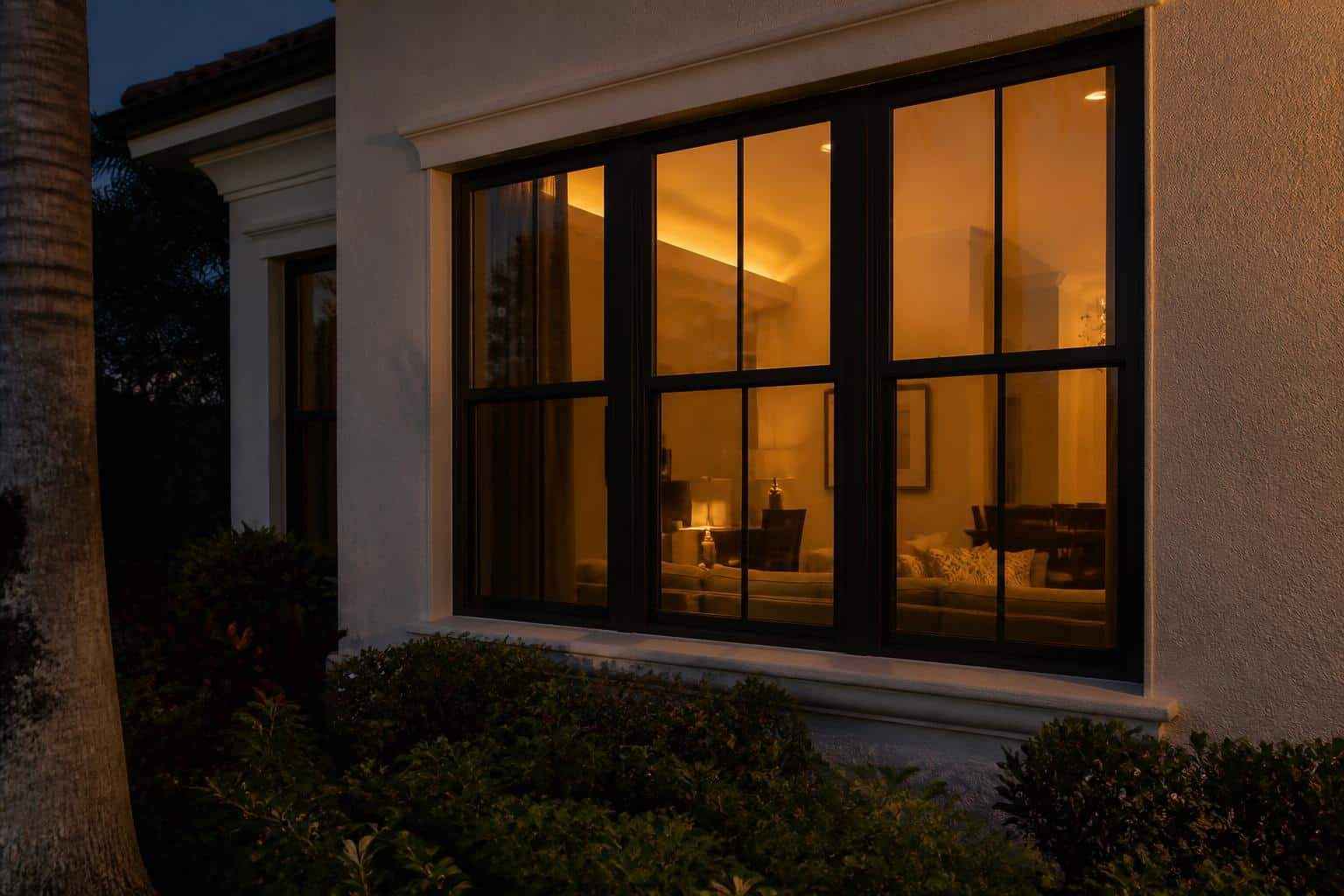 The same style of residential window viewed after sunset with warm interior light