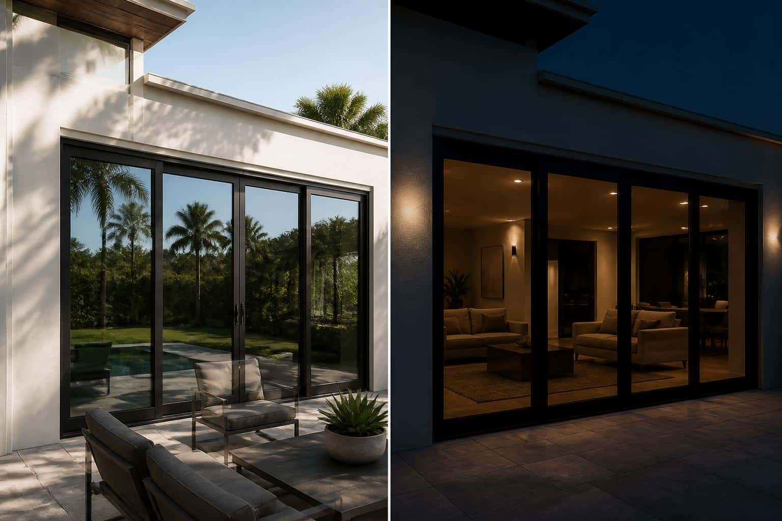 Side-by-side daytime and nighttime lighting conditions on residential glass