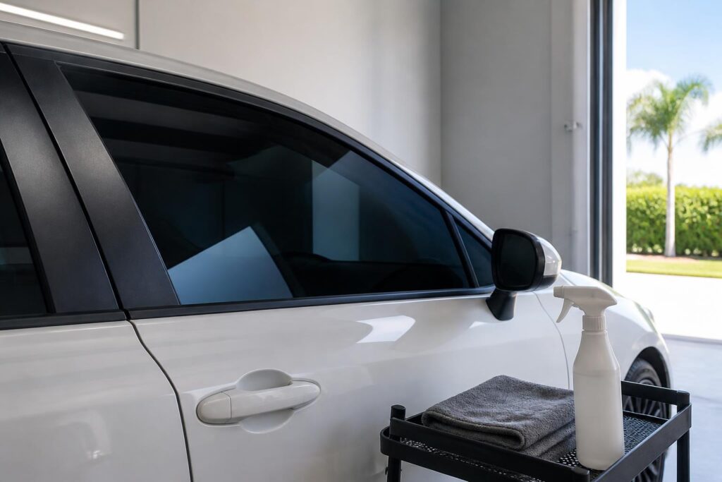 A newly tinted car window with safe cleaning supplies nearby