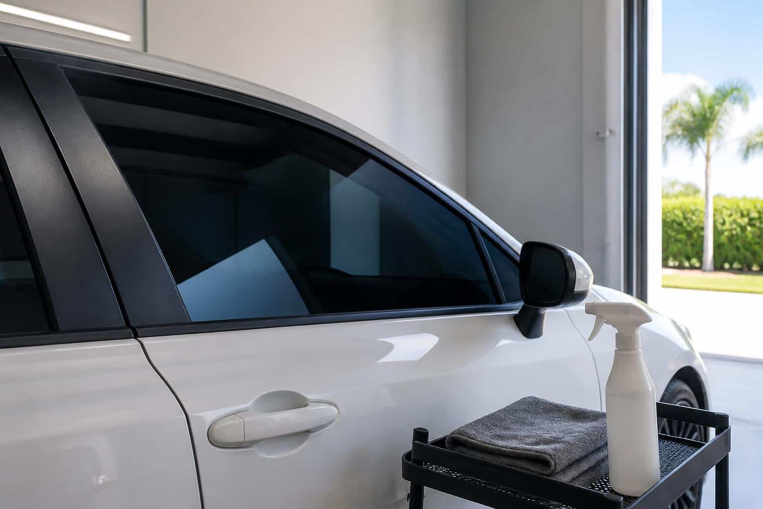 A newly tinted car window with safe cleaning supplies nearby
