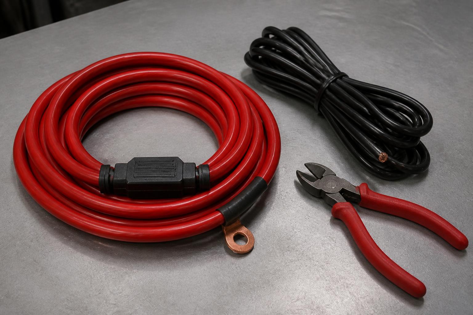 Amplifier power wire with an inline fuse holder and ring terminal on a workbench