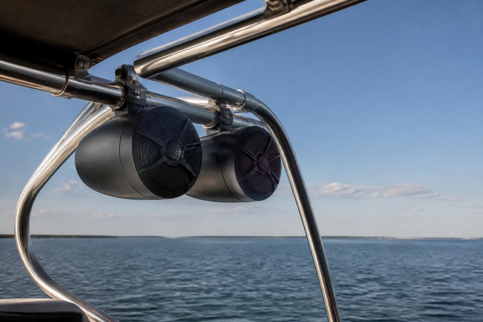 Two marine tower speakers clamped to a boat's tower frame