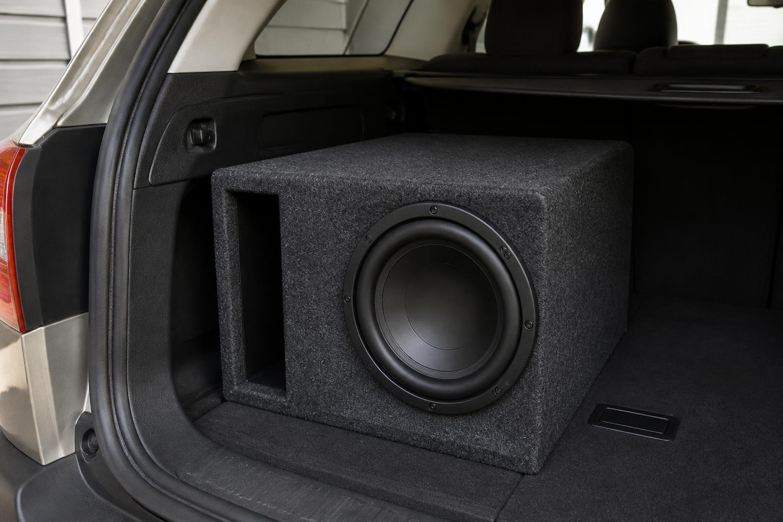 Ported subwoofer enclosure fitted in an SUV cargo area
