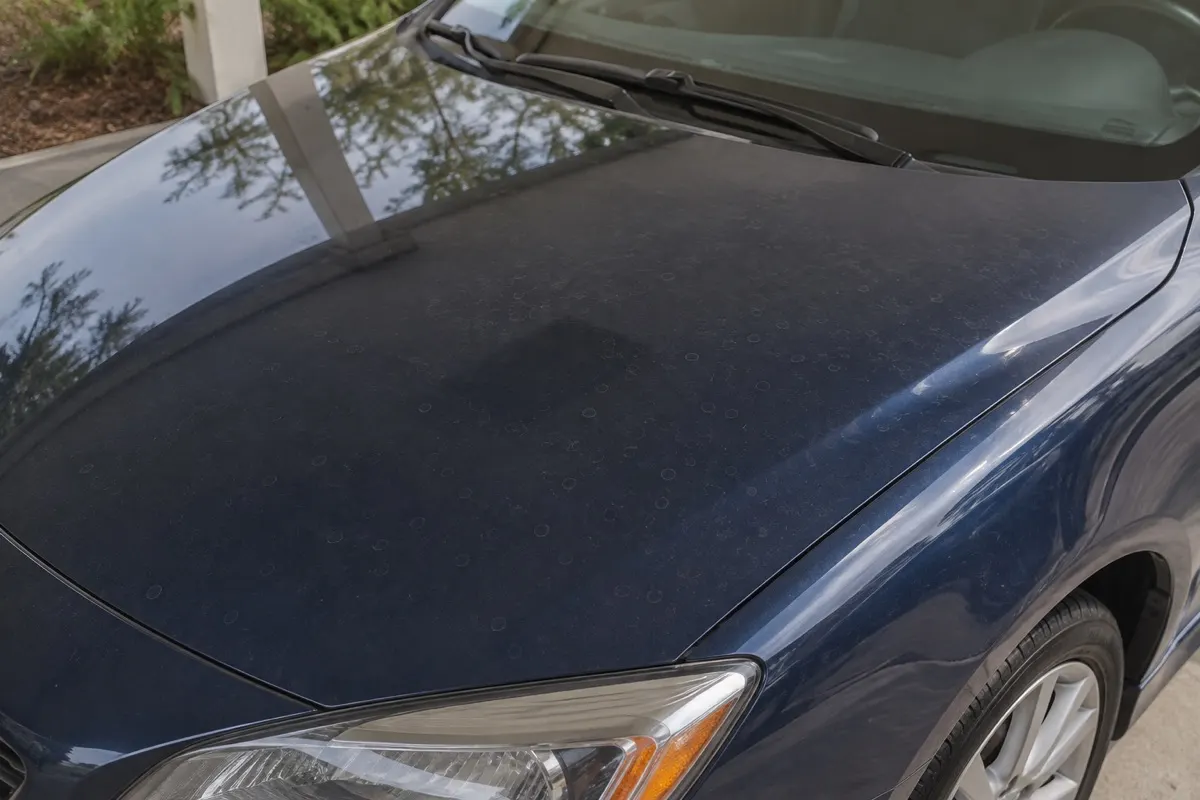 Mineral water spots on a dark blue car hood