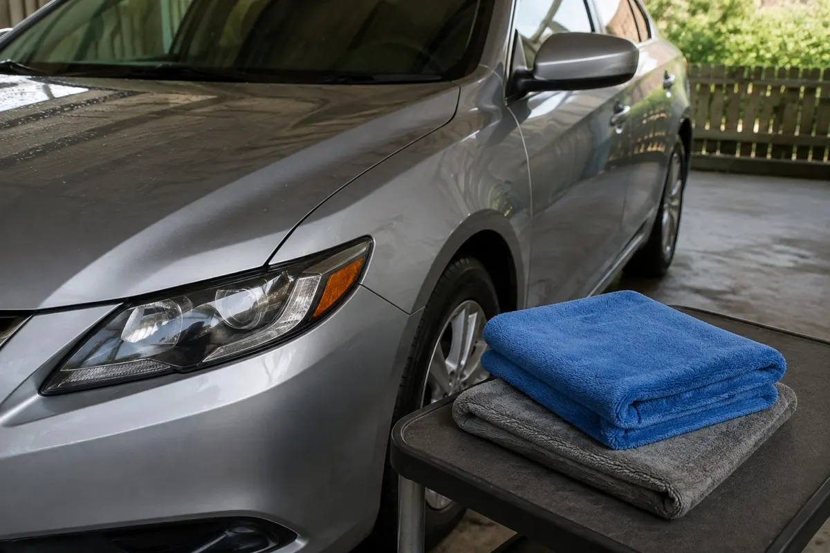 Clean microfiber towels beside a parked car