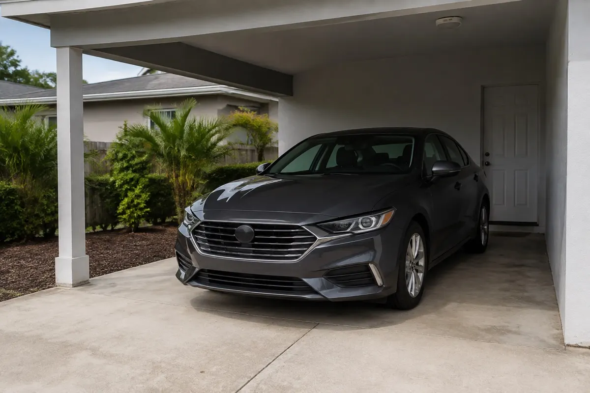 Car parked in a shaded residential carport