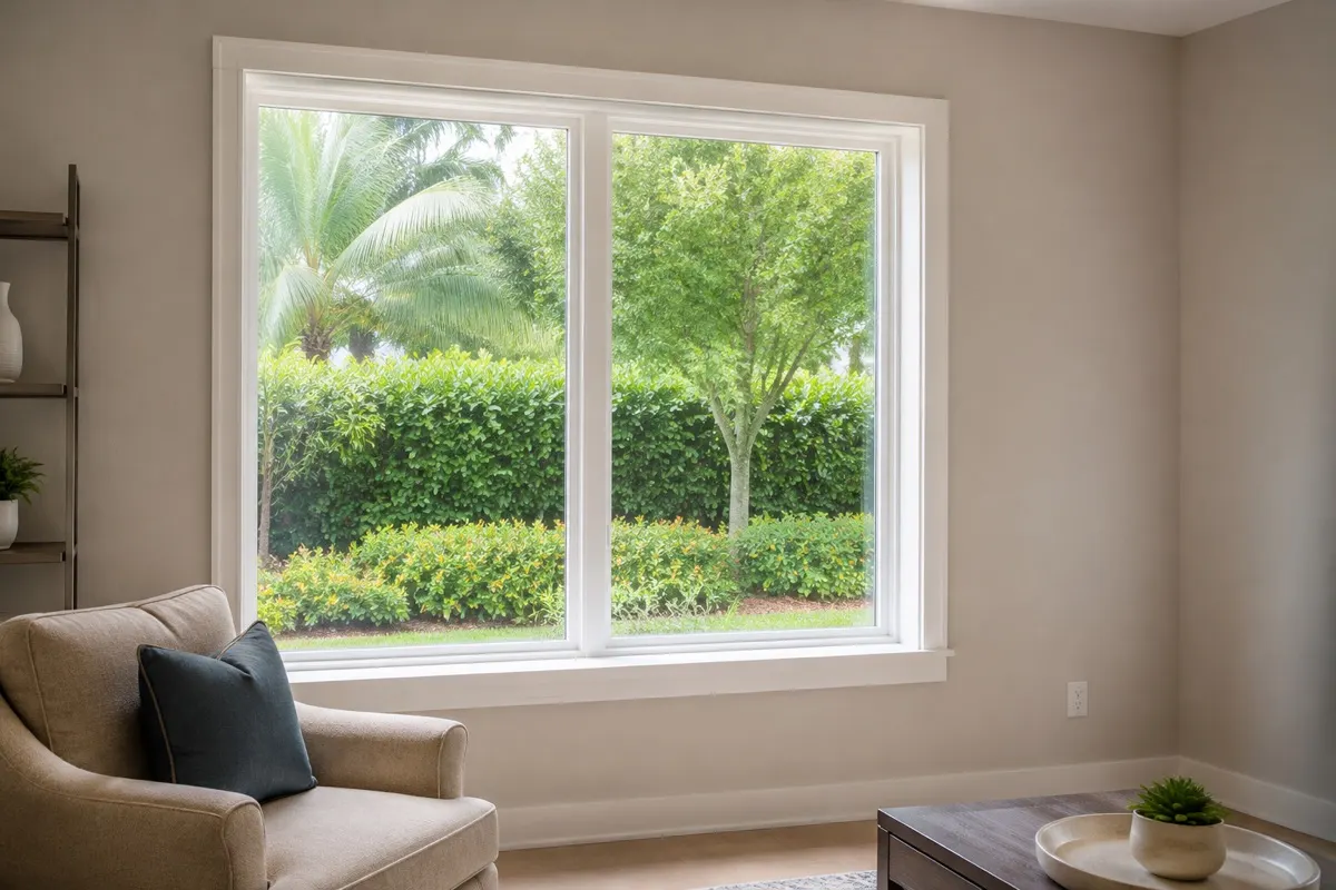 Living room with large windows overlooking a garden