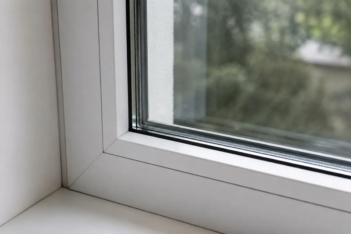 Detail of a residential window frame and glass edge