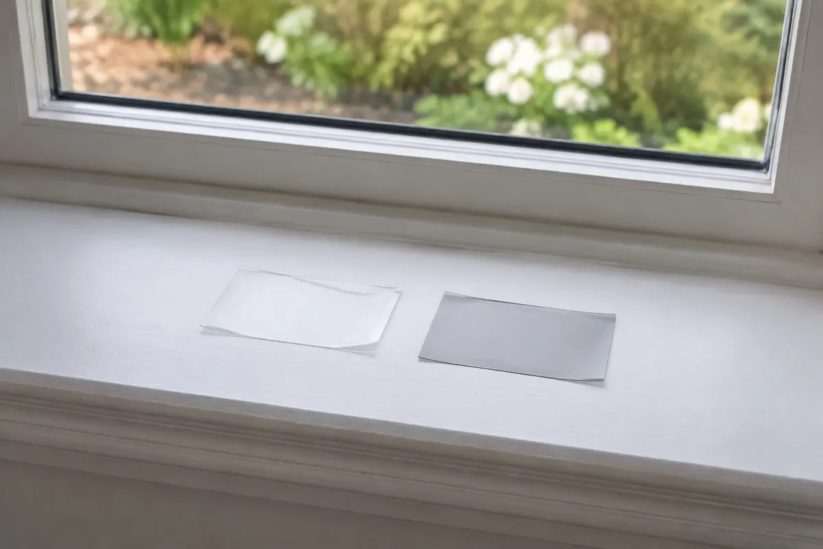 Clear and gray window film samples on a windowsill