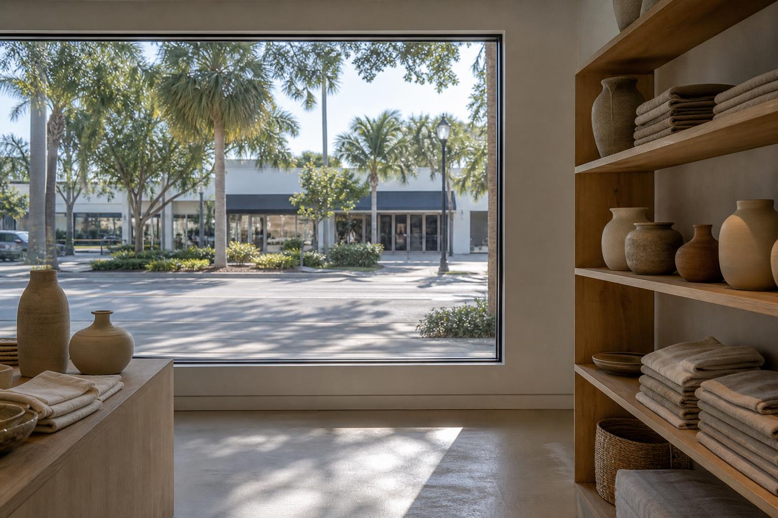 Storefront window with a clear display area and afternoon light on the sidewalk