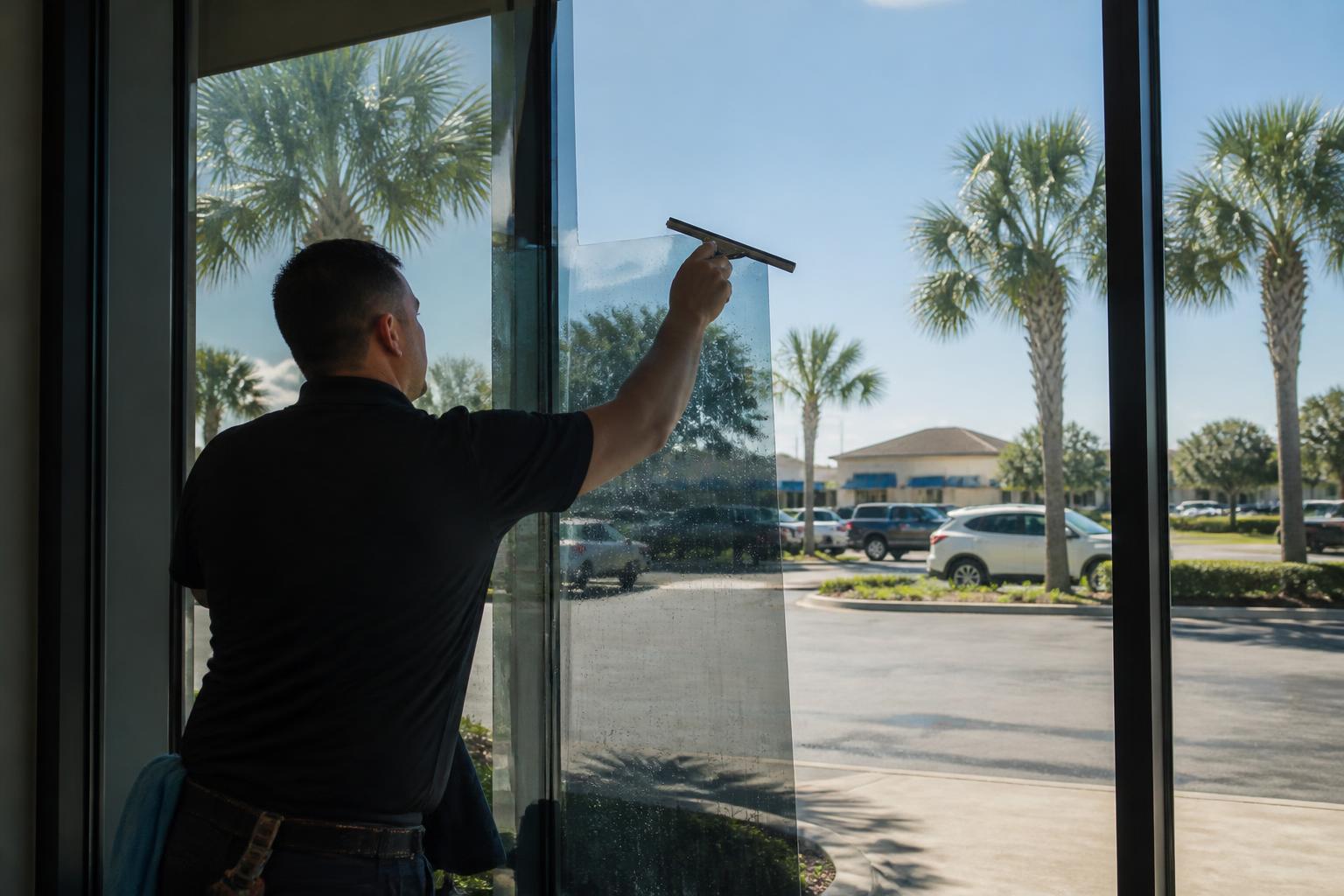 Installer smoothing window film on a large clean storefront pane